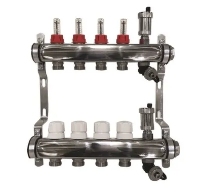 Купить Коллекторная группа с расходомерами, сливным краном и автомат. возд-ком, нерж. сталь 1"х4x3/4" в интернет-магазине Akvilon.kz