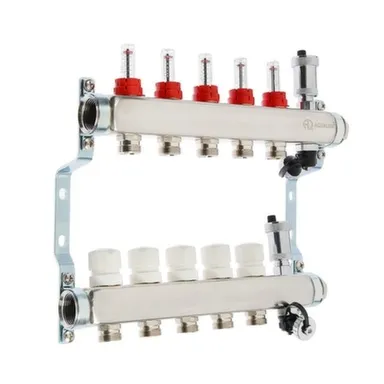 Купить Коллекторная группа с расходомерами, сливным краном и автомат. возд-ком, нерж. сталь 1"х5x3/4" в интернет-магазине Akvilon.kz
