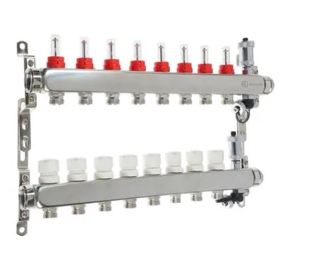 Купить Коллекторная группа с расходомерами, сливным краном и автомат. возд-ком, нерж. сталь 1"х8x3/4" в интернет-магазине Akvilon.kz
