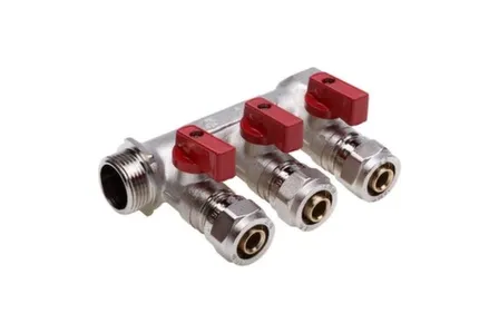 Купить Коллектор с отсечными кранами 3/4" ВР-НР х 3 вых. с евроконкусом 1/2" х 16 Aqualink в интернет-магазине Akvilon.kz