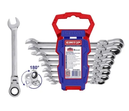 Купить Набор шарнирных комбинированных ключей с трещоткой 8 шт, EMTOP в интернет-магазине Akvilon.kz