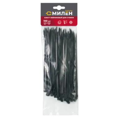 Купить Нейлоновые хомуты для стяжки Милен, чёрные, 2,5x100 мм, 100 шт/100 в интернет-магазине Akvilon.kz