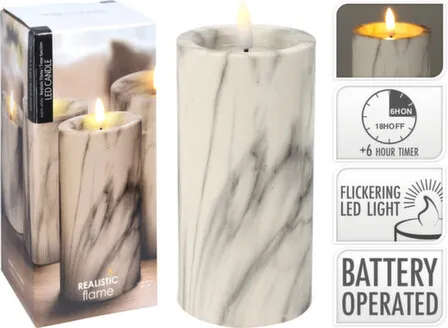 Купить Светильник декоративный Мерцающая свеча, 7,5x7,5x15 см, 1 led-лампа, с функцией таймера, белый мрамор, Koopman в интернет-магазине Akvilon.kz