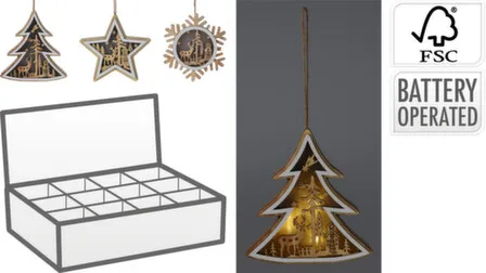Купить Декорация подвесная Ель/звезда/снежинка, с подсветкой, 12x12x2 см, Koopman в интернет-магазине Akvilon.kz