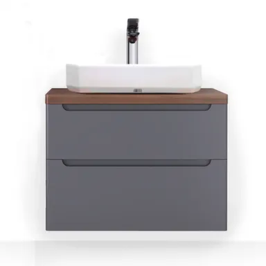 Купить Тумба Wood серая подвесная со столешницей темное дерево 80 см с умывальником Line Sanita Luxe 55 см, Jorno в интернет-магазине Akvilon.kz