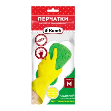 Купить Перчатки хозяйственные латексные, размер M, желтые, Komfi в интернет-магазине Akvilon.kz