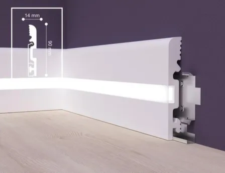 Купить Плинтус UHD Polymer Solid 90×14×2000 мм, белый, с LED-рассеивателем в интернет-магазине Akvilon.kz