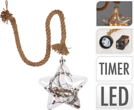 Купить Светильник декоративный Звезда, подвесной, длина веревки 65см, 15 led-ламп, раб. от бат.3хAA (не в компл), с таймером, Koopman в интернет-магазине Akvilon.kz