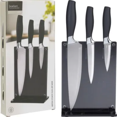 Купить Набор из 3 ножей: шеф-нож 33,5 см, универсальный нож 23 см, нож для фруктов 19,5 см, в комплекте с подставкой 15,5x8x22 см, Koopman в интернет-магазине Akvilon.kz Купить Набор из 3 ножей: шеф-нож 33,5 см, универсальный нож 23 см, нож для фруктов 19,5 см, в комплекте с подставкой 15,5x8x22 см, Koopman в интернет-магазине Akvilon.kz